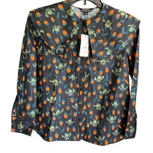 WHISTLES blue print dramatic Peter pan collar  cotton button up blouse NWT Sz 2